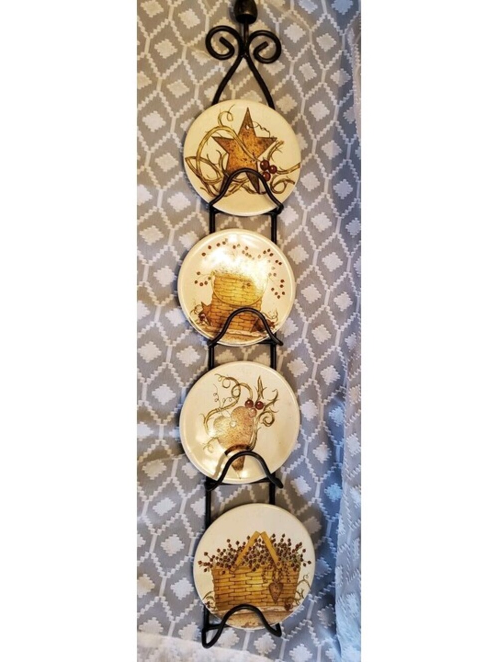 Small Primative Pottery Plates With Black Iron Rack